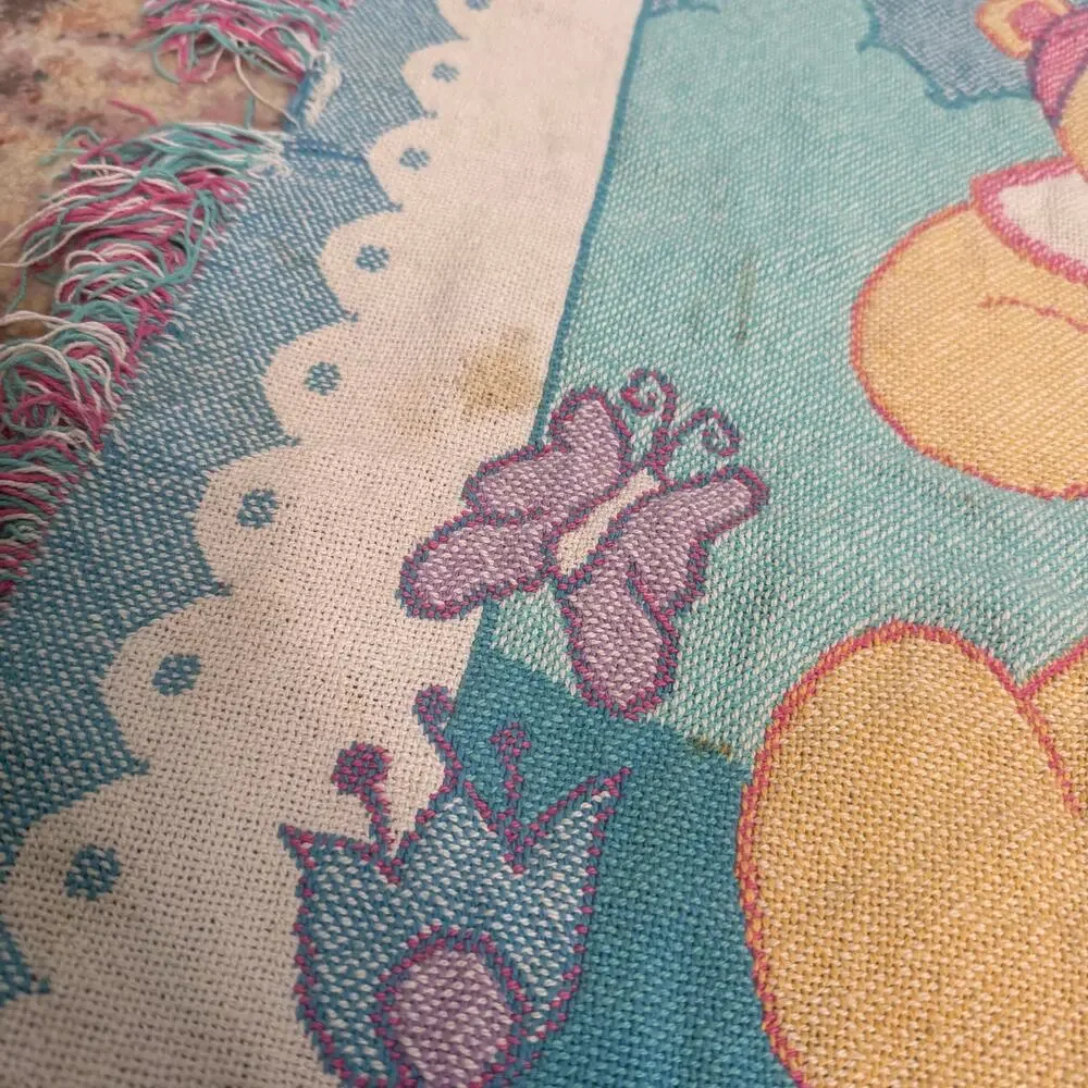 Vintage 80s / 90s pastel teddy bear tea party small tapestry blanket